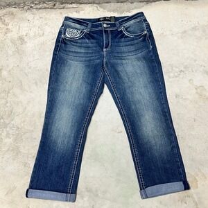 Love Indigo Womens Size 8 Embellished‎ Pockets Dark Wash Denim Capri Pants